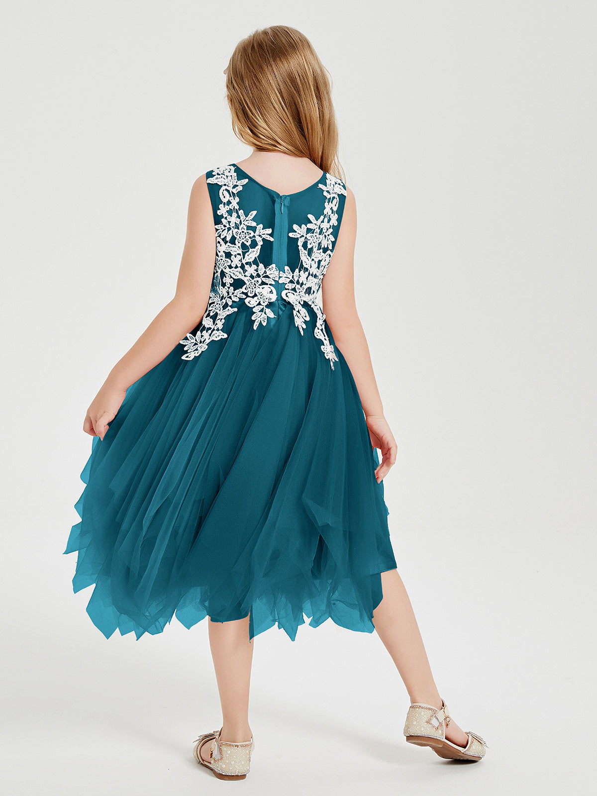 Tea Length Tulle Junior Bridesmaid Dresses Ink Blue